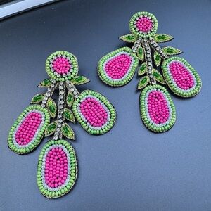 Pink and Green Beaded Statement Earrings